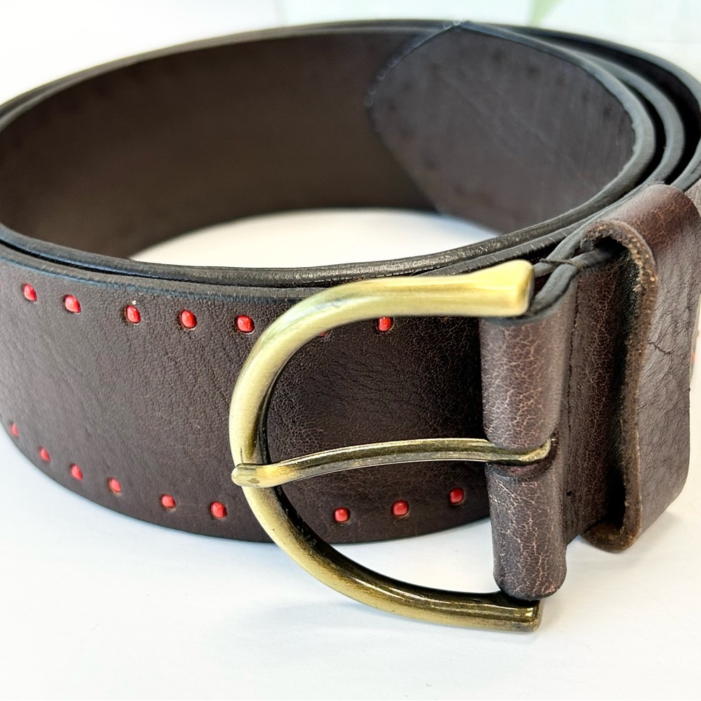 Coldwater Creek Brown Leather Belt with Red Bead Details